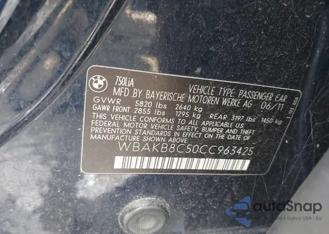 2012 BMW 750Li from USA, damaged, VIN WBAKB8C50CC963425